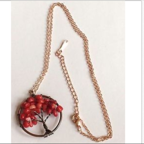 Red Coral Gemstone Chip Tree of Life Necklace 20" Celtic Rose Gold Copper Plated - Picture 6 of 8